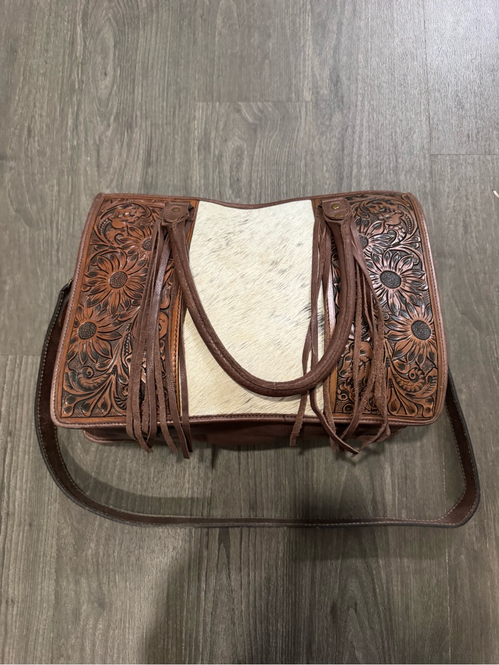 American Darling Brown Tooled Leather & White Hair-On Crossbody Bag